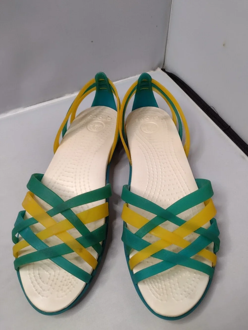 Crocs Isabella Huarache Strappy Sandal Green Yellow Jelly Comfort Women's 8 CC